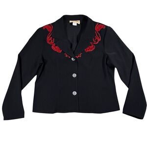 New Frontier Western Crop Black Blazer Jacket Red Floral Embroidery Size Large